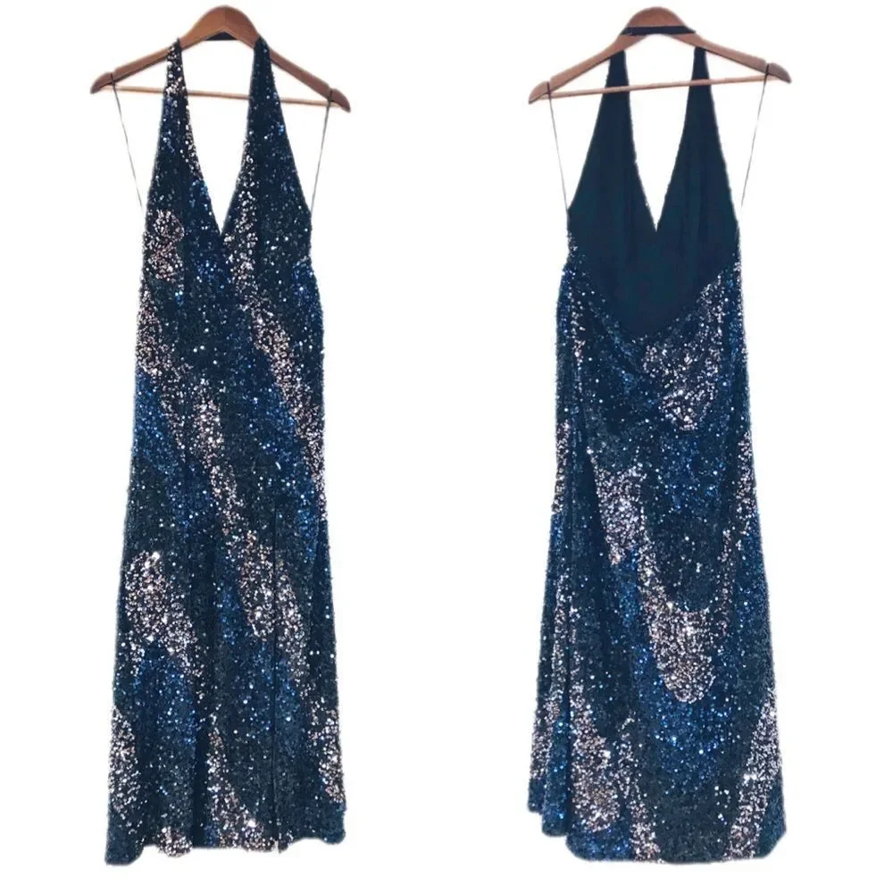 FREE PEOPLE Glitter‎ & Gold Sequin Velvet Midi Dress Blue Black Size Medium New - Picture 5 of 16